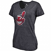 Women's Cleveland Indians Fanatics Branded Primary Distressed Team Tri Blend V Neck T-Shirt Heathered Navy FengYun